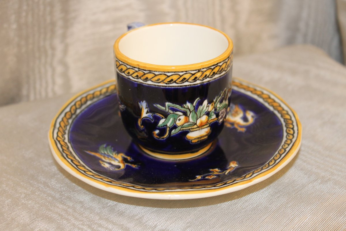 Service à café en faïence de Gien décor Renaissance Italienne en bleu roi complet parfait état-photo-5