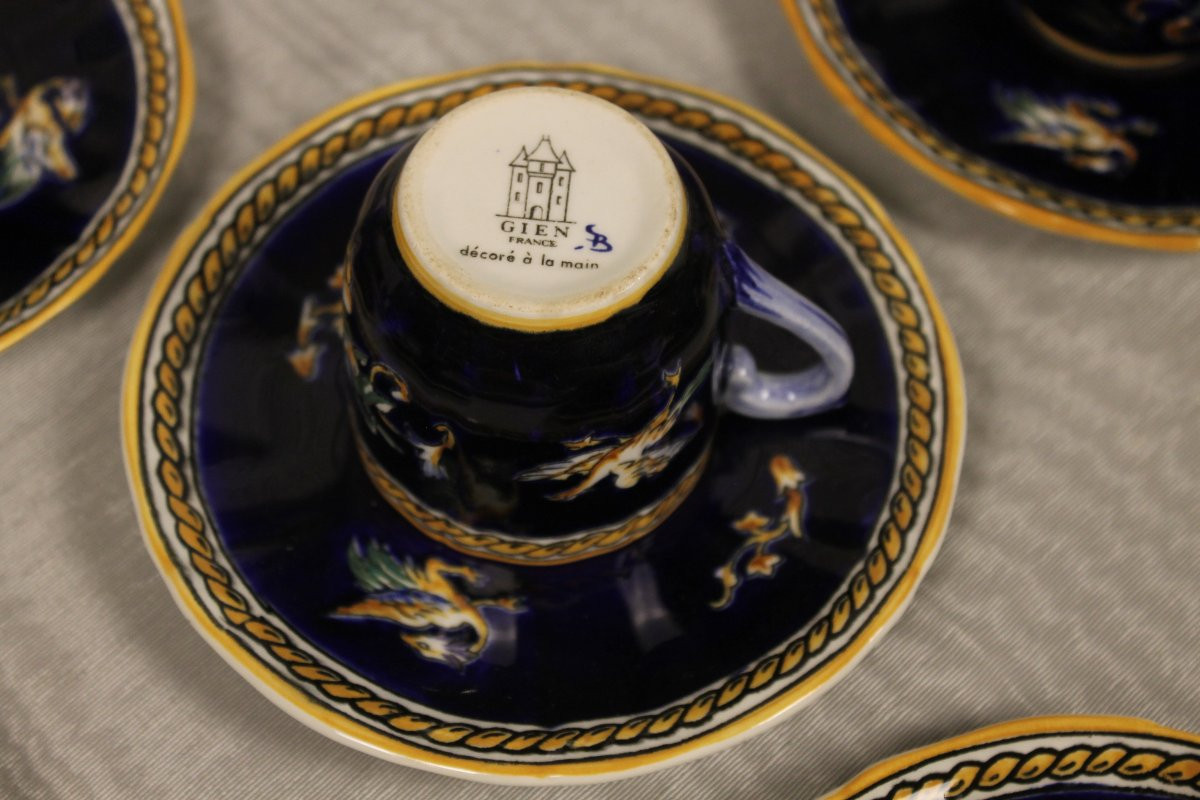 Service à café en faïence de Gien décor Renaissance Italienne en bleu roi complet parfait état-photo-6