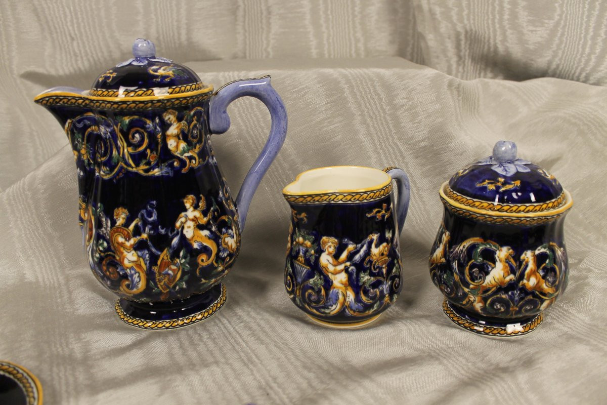 Service à café en faïence de Gien décor Renaissance Italienne en bleu roi complet parfait état-photo-8
