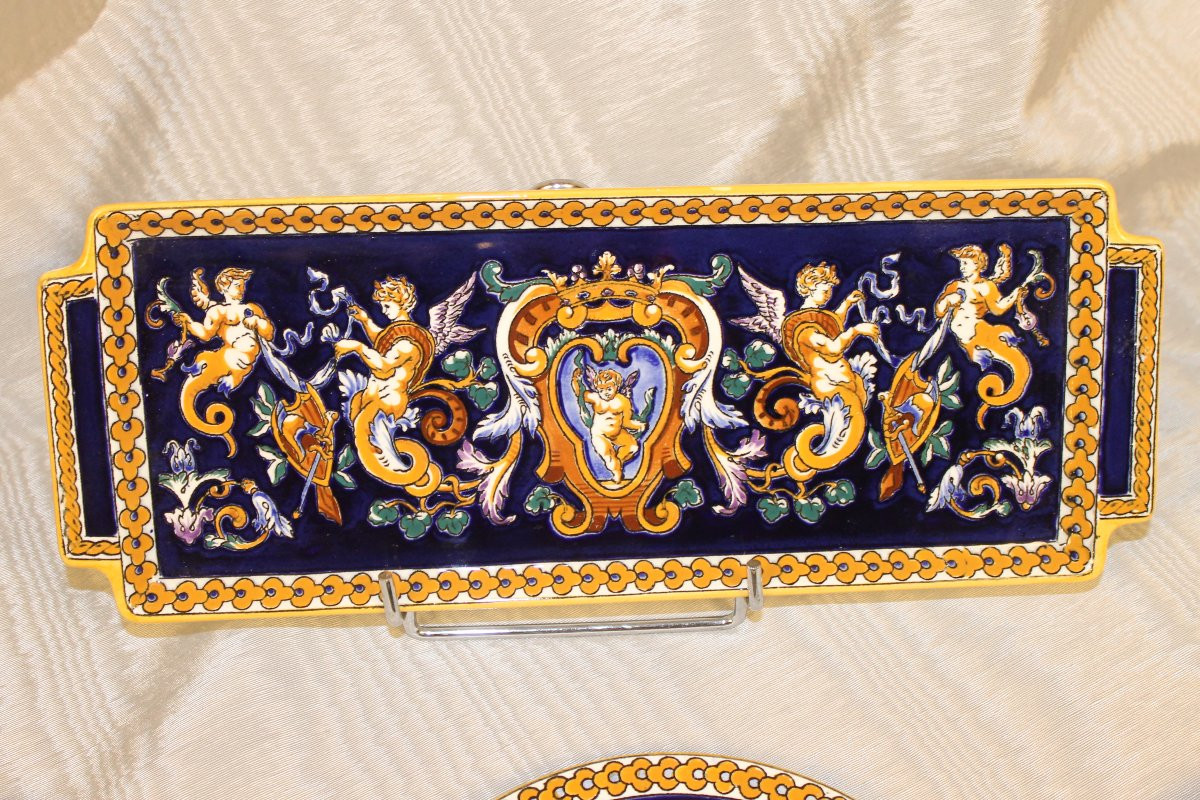 Service à dessert en faïence de Gien décor Renaissance italienne en bleu roi parfait état-photo-2