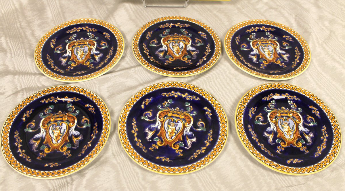 Service à dessert en faïence de Gien décor Renaissance italienne en bleu roi parfait état-photo-3