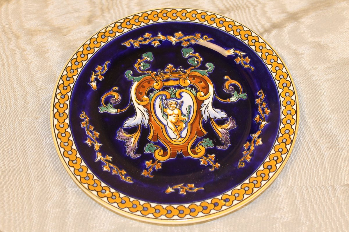 Service à dessert en faïence de Gien décor Renaissance italienne en bleu roi parfait état-photo-4