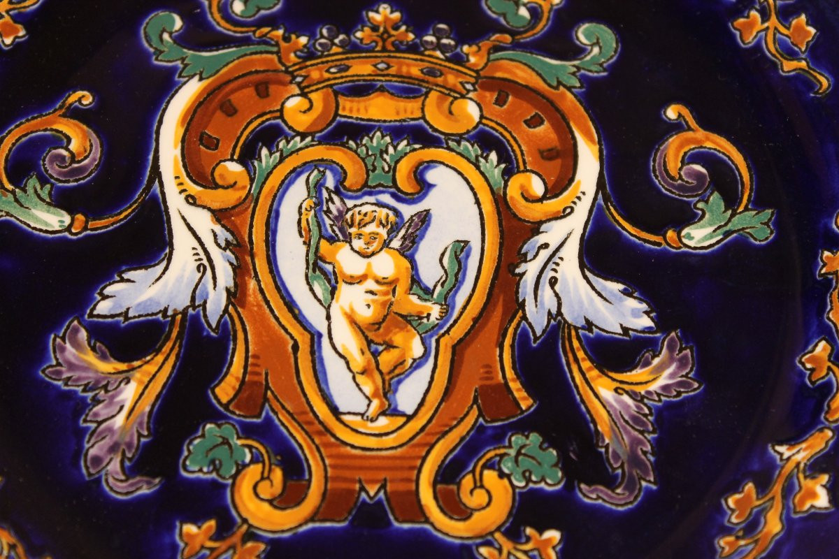 Service à dessert en faïence de Gien décor Renaissance italienne en bleu roi parfait état-photo-2