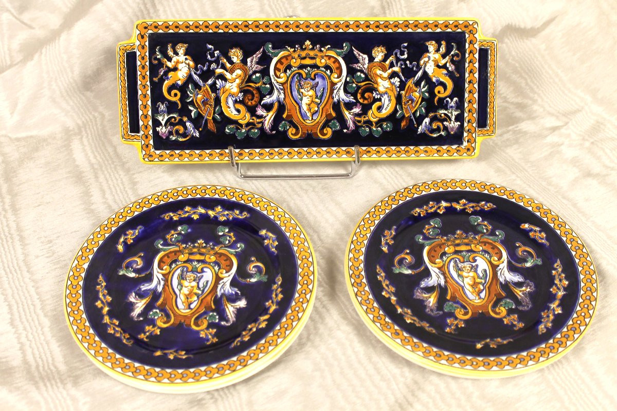 Service à dessert en faïence de Gien décor Renaissance italienne en bleu roi parfait état-photo-3