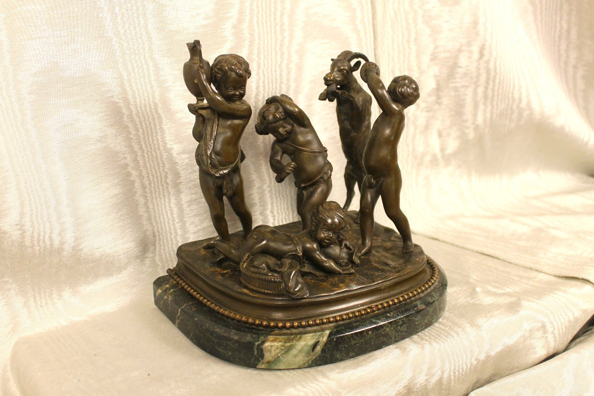 Bronze Group On Marble Base Sculpture By Clodion Putti Or Children And The Goat-photo-2