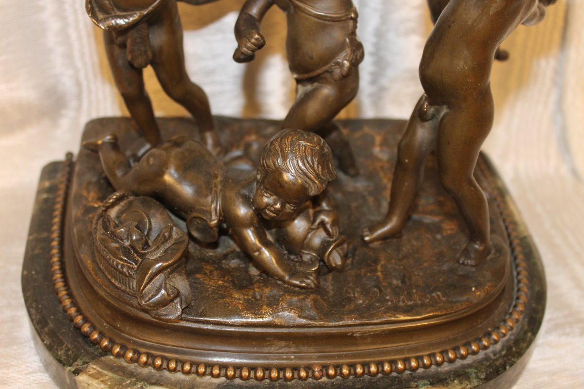Bronze Group On Marble Base Sculpture By Clodion Putti Or Children And The Goat-photo-3