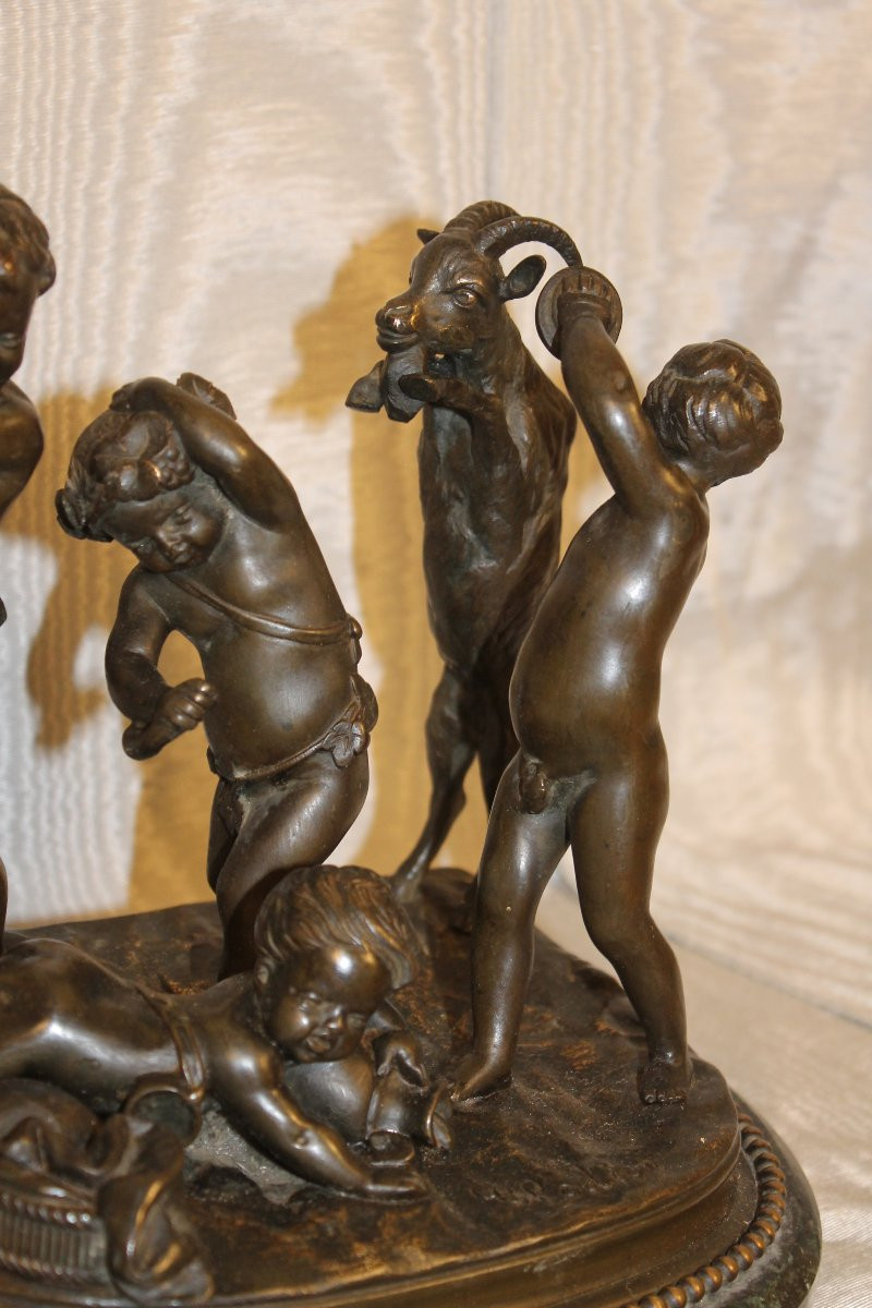 Bronze Group On Marble Base Sculpture By Clodion Putti Or Children And The Goat-photo-1