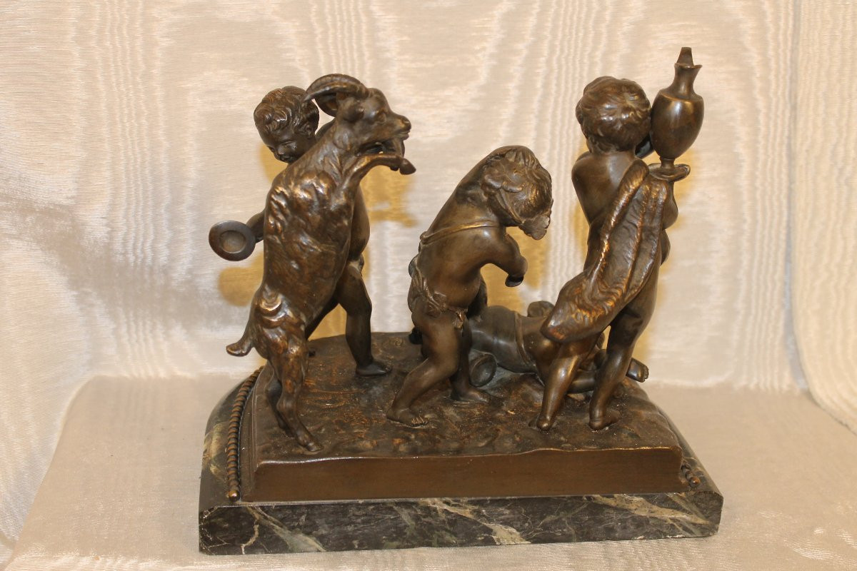 Bronze Group On Marble Base Sculpture By Clodion Putti Or Children And The Goat-photo-4