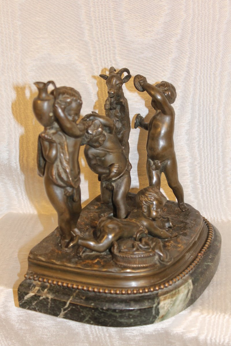 Bronze Group On Marble Base Sculpture By Clodion Putti Or Children And The Goat-photo-5