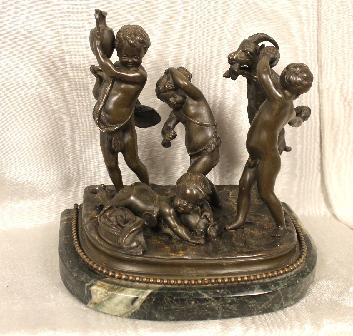 Bronze Group On Marble Base Sculpture By Clodion Putti Or Children And The Goat