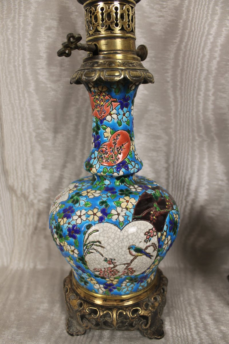 Paire de lampes en faïence de Bordeaux émaux cloisonnés époque Jules Vieillard décor japonisant-photo-2