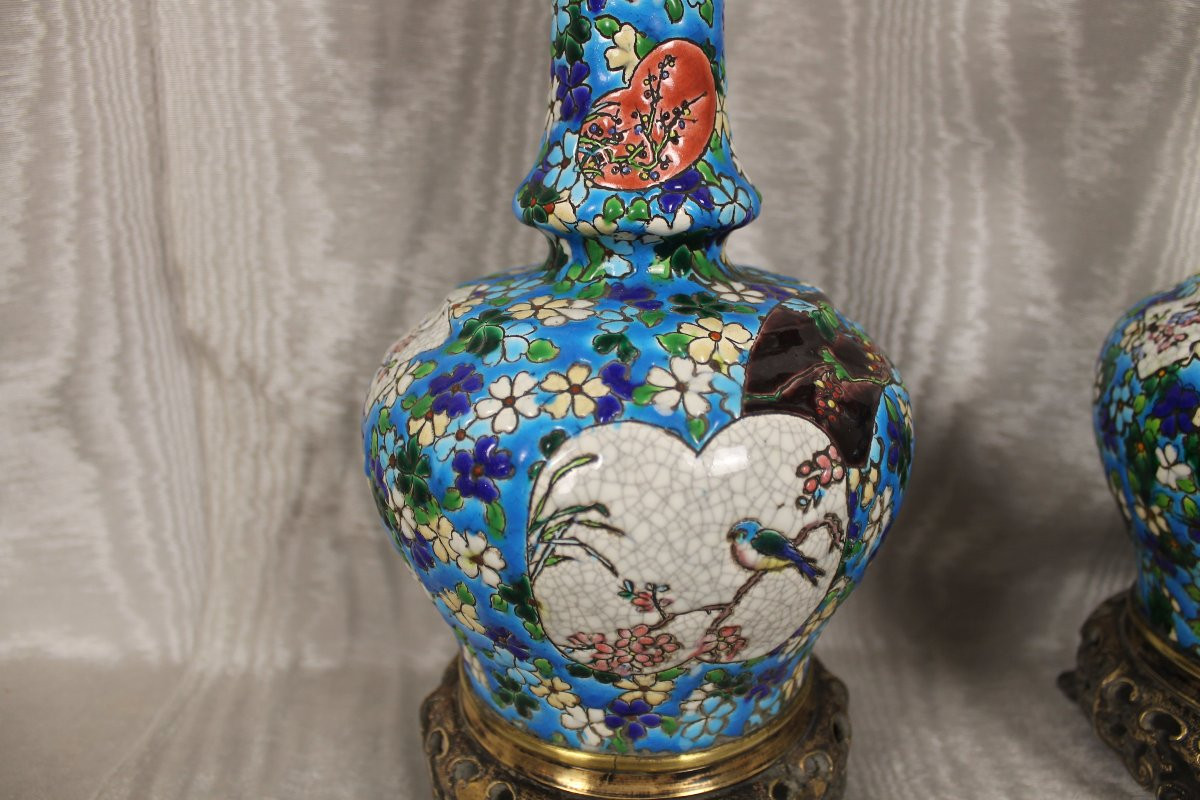 Paire de lampes en faïence de Bordeaux émaux cloisonnés époque Jules Vieillard décor japonisant-photo-3