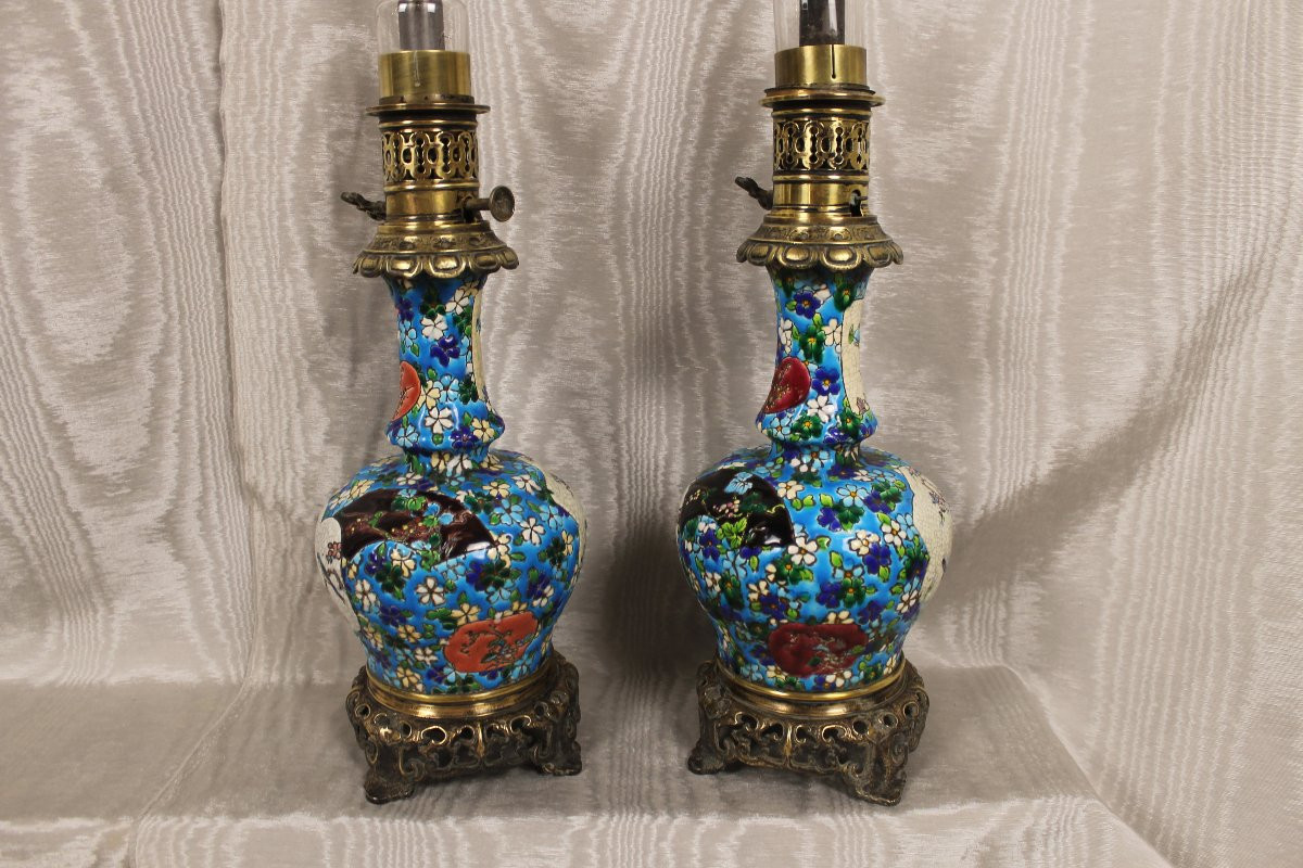 Paire de lampes en faïence de Bordeaux émaux cloisonnés époque Jules Vieillard décor japonisant-photo-4