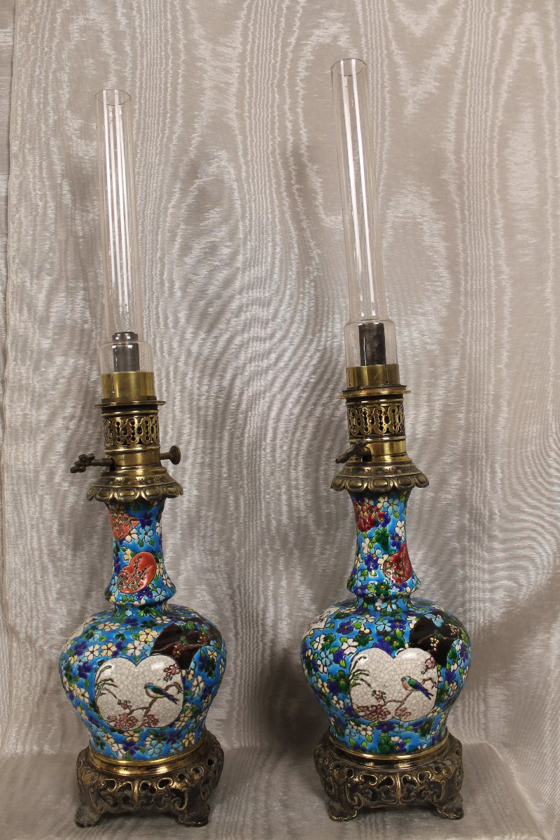 Paire de lampes en faïence de Bordeaux émaux cloisonnés époque Jules Vieillard décor japonisant-photo-1
