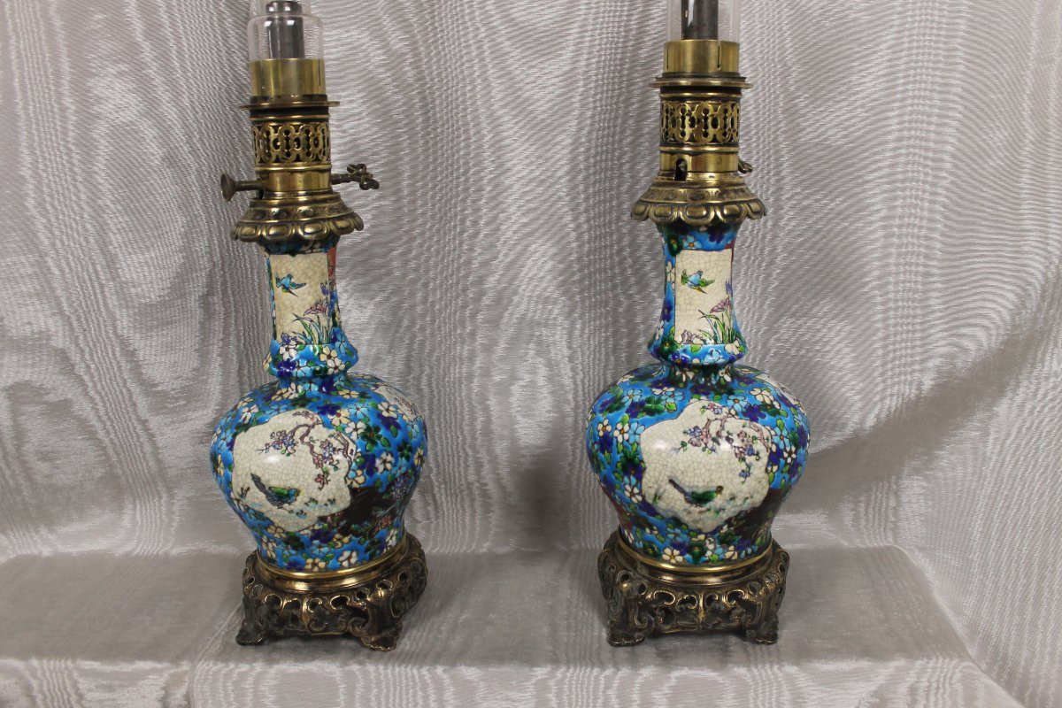 Paire de lampes en faïence de Bordeaux émaux cloisonnés époque Jules Vieillard décor japonisant-photo-2