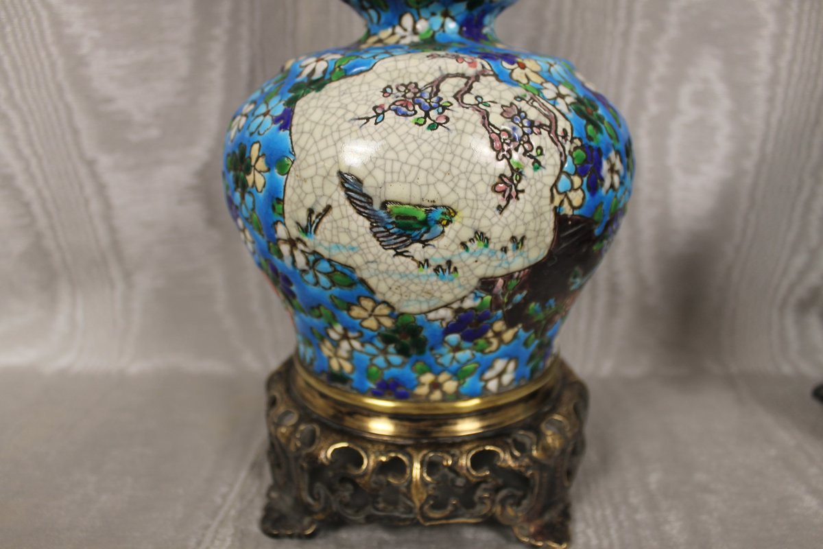 Paire de lampes en faïence de Bordeaux émaux cloisonnés époque Jules Vieillard décor japonisant-photo-3