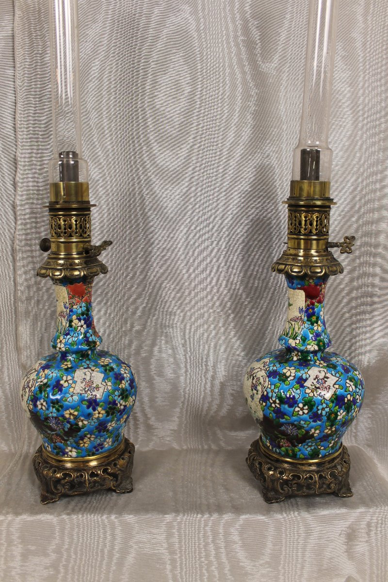 Paire de lampes en faïence de Bordeaux émaux cloisonnés époque Jules Vieillard décor japonisant-photo-4
