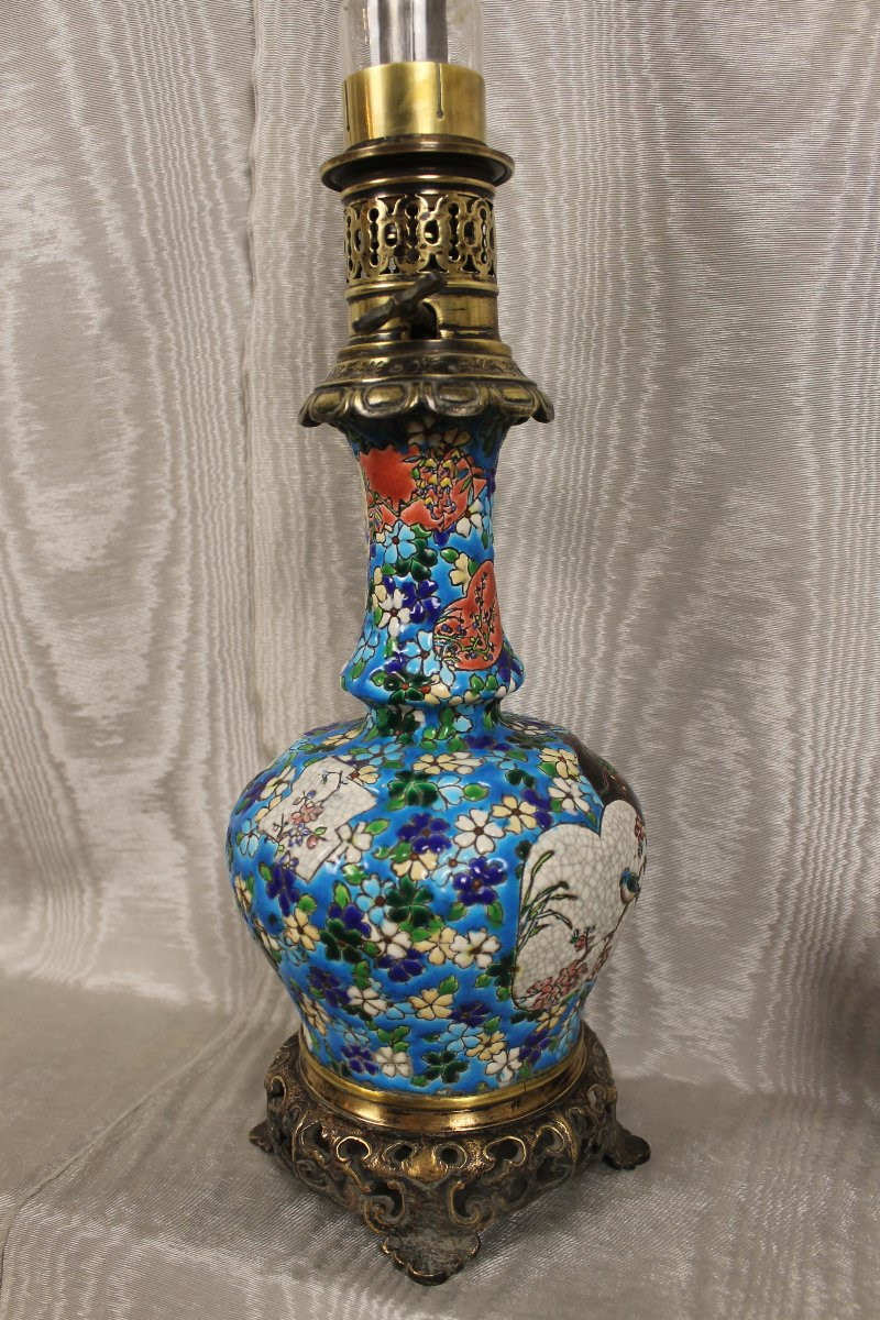 Paire de lampes en faïence de Bordeaux émaux cloisonnés époque Jules Vieillard décor japonisant-photo-5