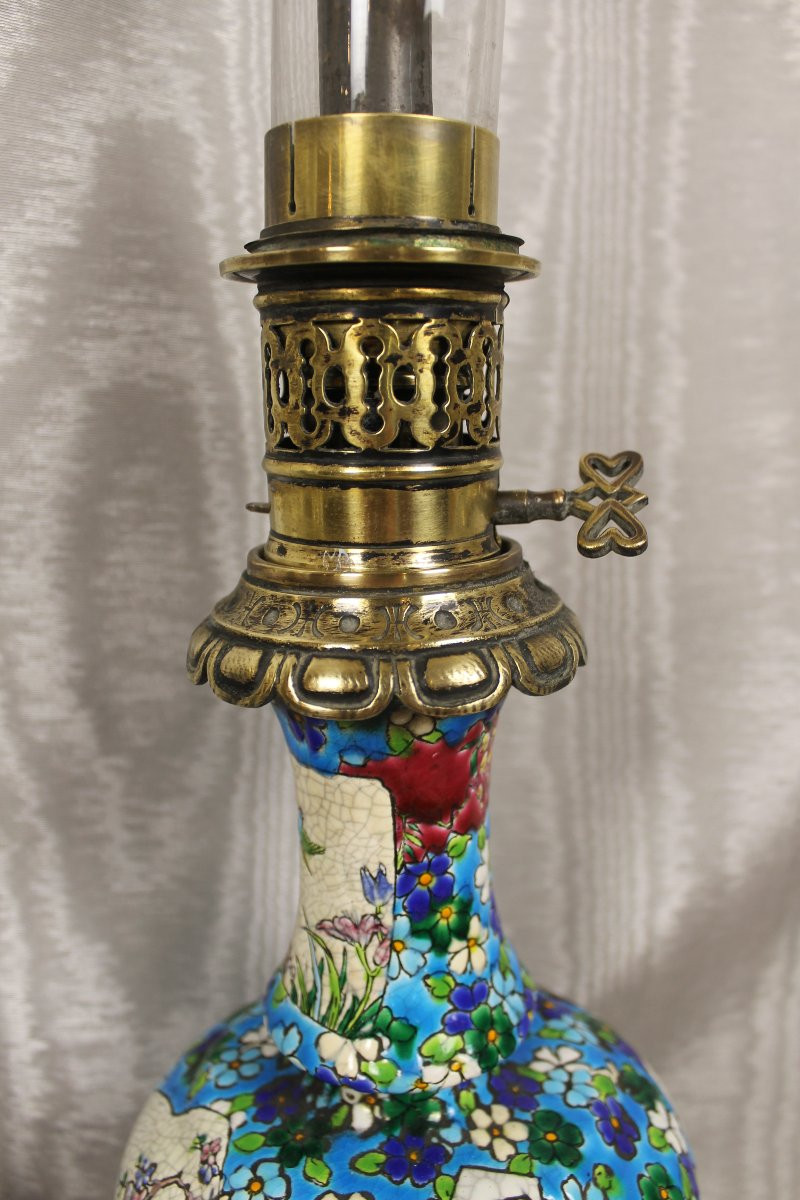 Paire de lampes en faïence de Bordeaux émaux cloisonnés époque Jules Vieillard décor japonisant-photo-6