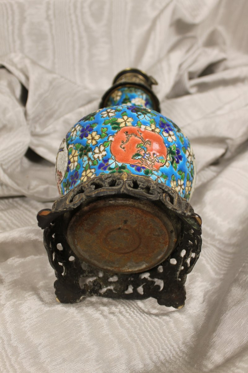 Paire de lampes en faïence de Bordeaux émaux cloisonnés époque Jules Vieillard décor japonisant-photo-8