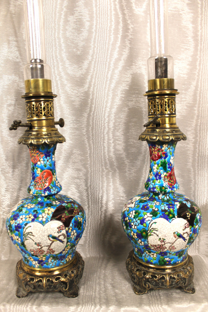 Paire de lampes en faïence de Bordeaux émaux cloisonnés époque Jules Vieillard décor japonisant