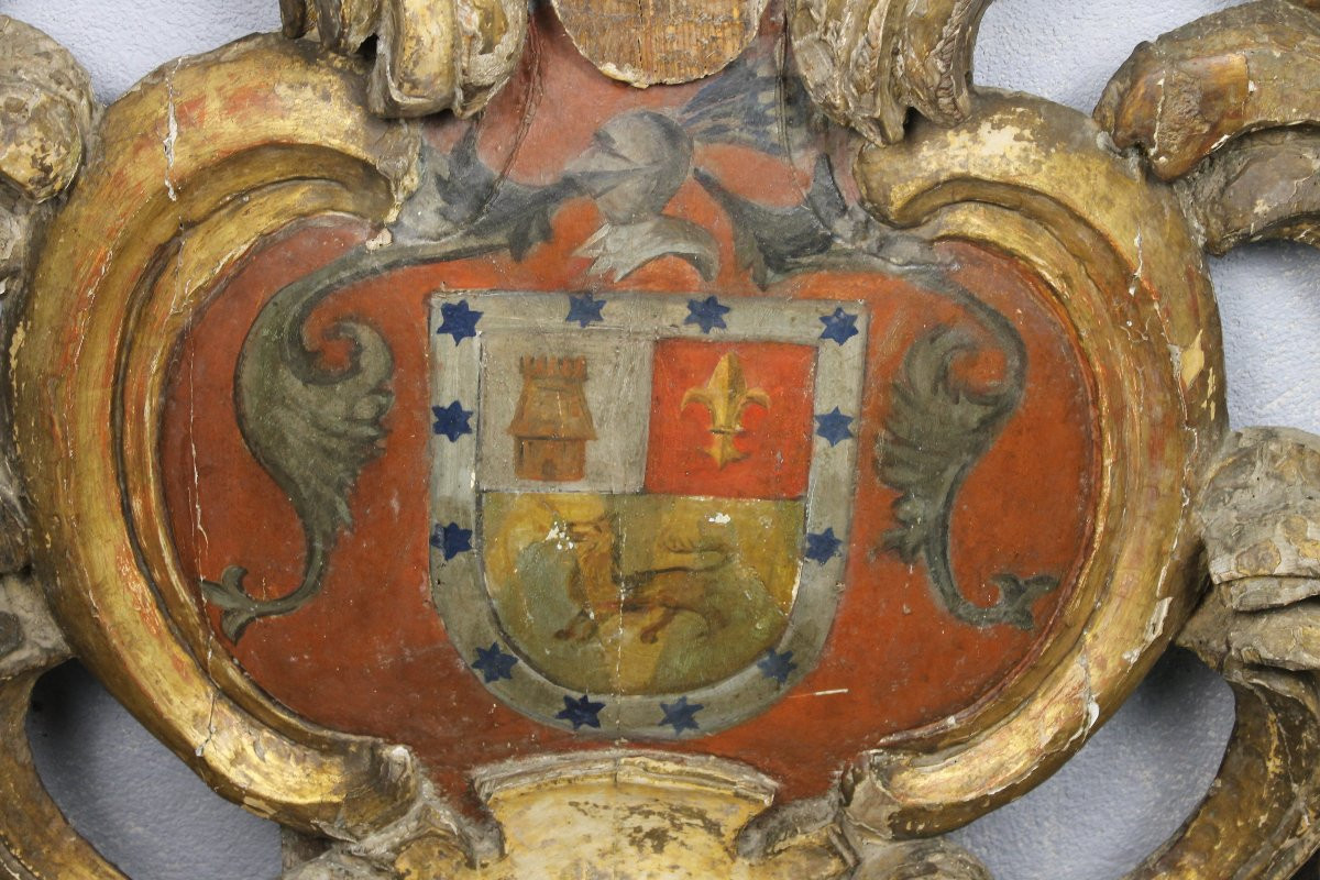 Boiserie en bois doré sculpté armoiries - blason polychrome époque Louis XIV - 17ème -photo-2