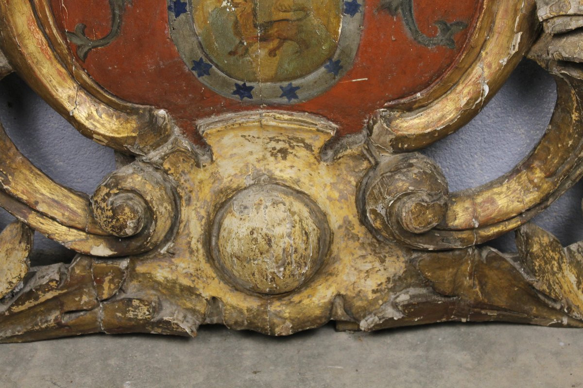 Boiserie en bois doré sculpté armoiries - blason polychrome époque Louis XIV - 17ème -photo-4