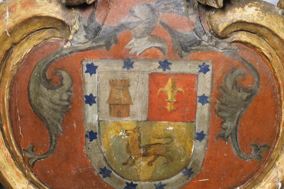 Boiserie en bois doré sculpté armoiries - blason polychrome époque Louis XIV - 17ème -photo-4