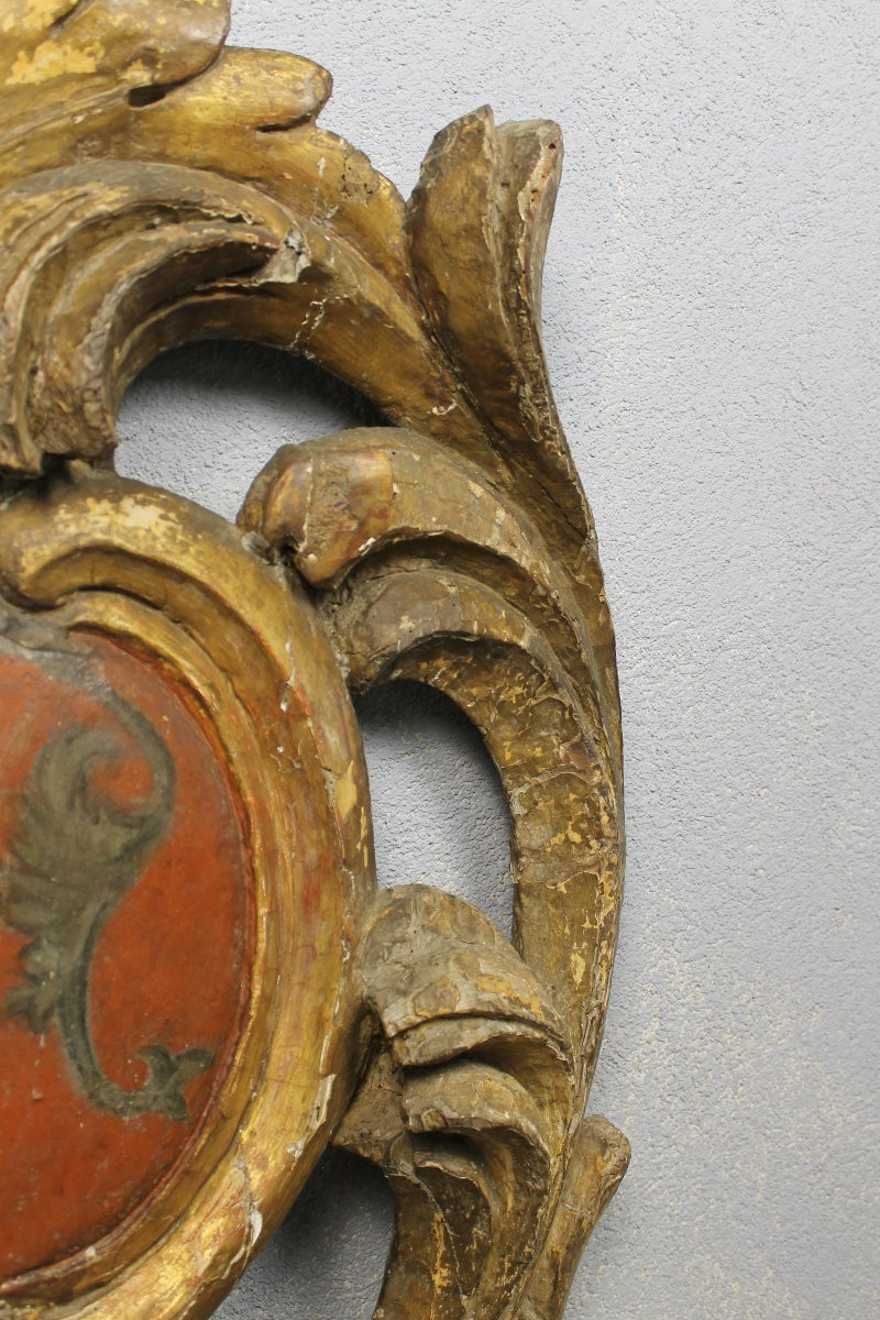 Boiserie en bois doré sculpté armoiries - blason polychrome époque Louis XIV - 17ème -photo-5