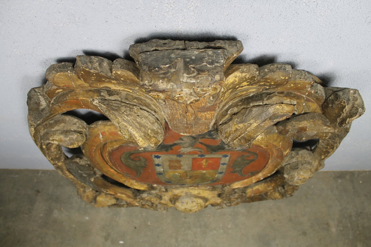 Boiserie en bois doré sculpté armoiries - blason polychrome époque Louis XIV - 17ème -photo-6