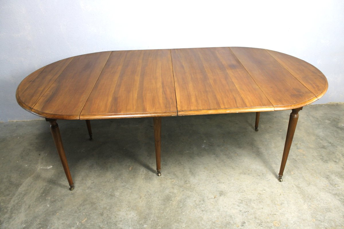 Round Table With Shutters, 6 Legs In Solid Blond Walnut With 2 Extensions, Louis XVI Style, 19th Century.-photo-2