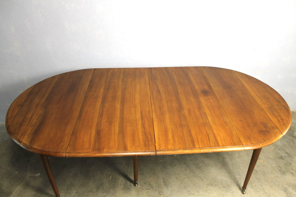 Round Table With Shutters, 6 Legs In Solid Blond Walnut With 2 Extensions, Louis XVI Style, 19th Century.-photo-3