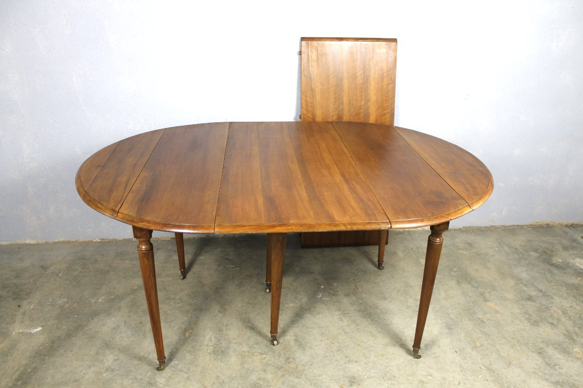 Round Table With Shutters, 6 Legs In Solid Blond Walnut With 2 Extensions, Louis XVI Style, 19th Century.-photo-4