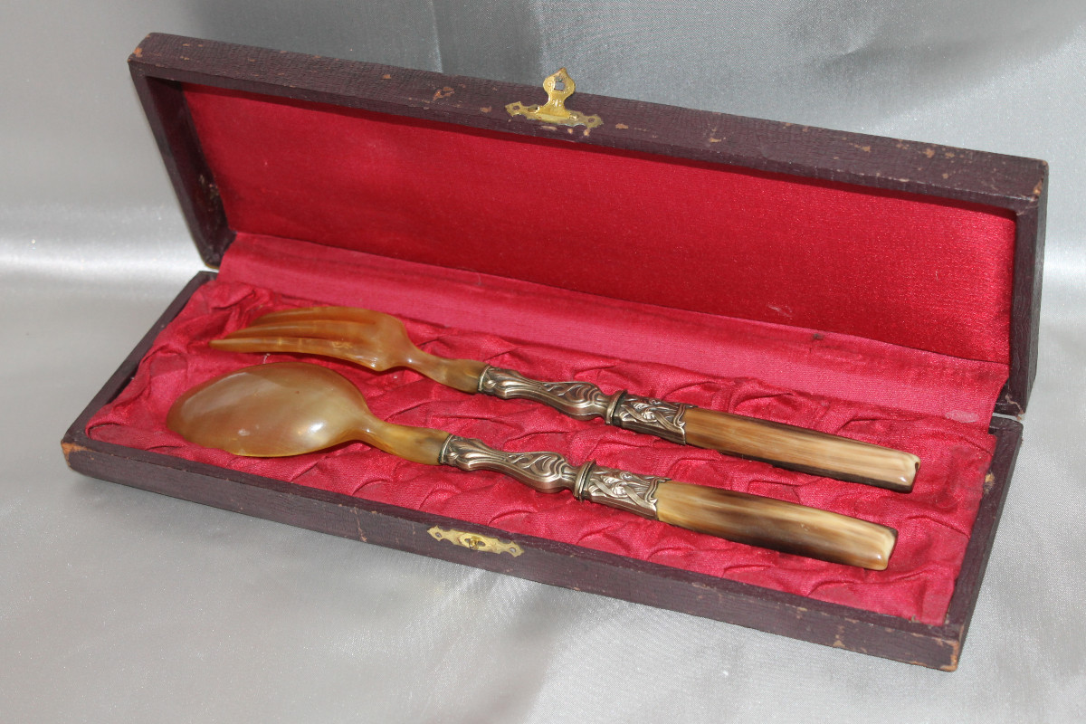 Couverts à salade en corne et métal argenté époque Art Nouveau décor iris et coffret d'origine