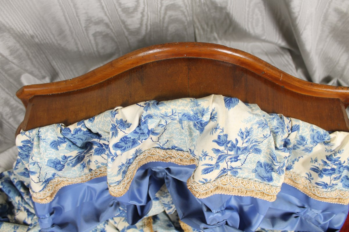 Canopied Canopy In Curved Wood Covered With Blue Chintz And Decorated With 19th Century Floral Motifs.-photo-4