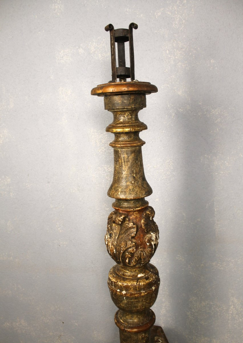 Grand pique cierge en bois doré sculpté  polychrome style Louis XIV époque 19ème h : 155 cm-photo-2