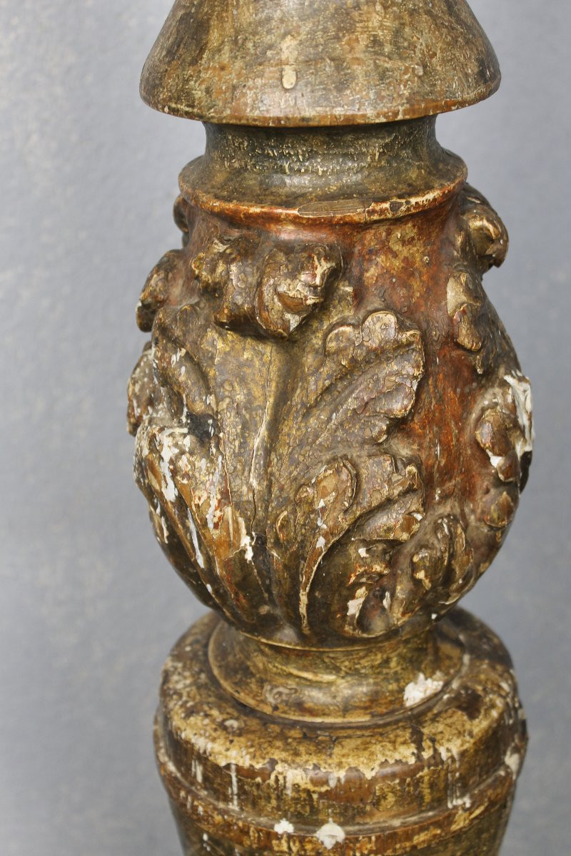 Grand pique cierge en bois doré sculpté  polychrome style Louis XIV époque 19ème h : 155 cm-photo-2