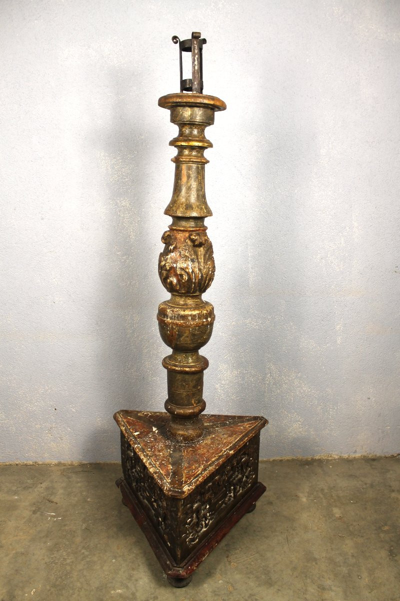 Grand pique cierge en bois doré sculpté  polychrome style Louis XIV époque 19ème h : 155 cm-photo-4