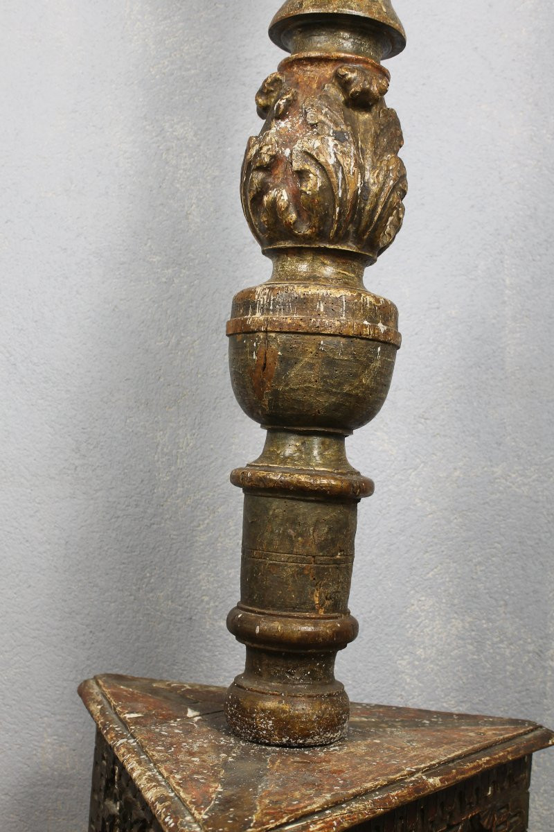 Grand pique cierge en bois doré sculpté  polychrome style Louis XIV époque 19ème h : 155 cm-photo-6
