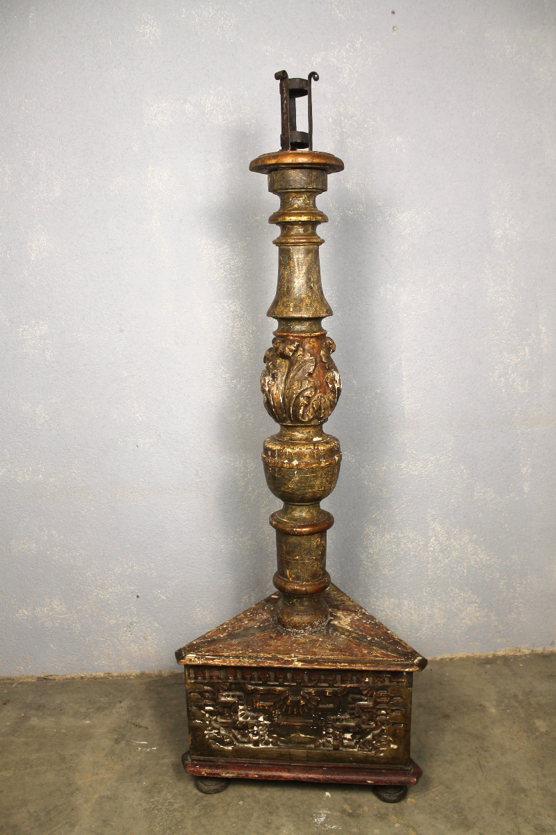 Grand pique cierge en bois doré sculpté  polychrome style Louis XIV époque 19ème h : 155 cm-photo-7