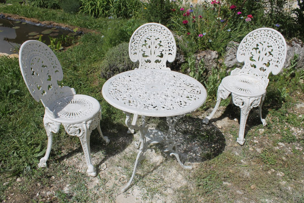 Salon de jardin style Art Nouveau en fonte d'aluminium peint en blanc époque 20ème-photo-2