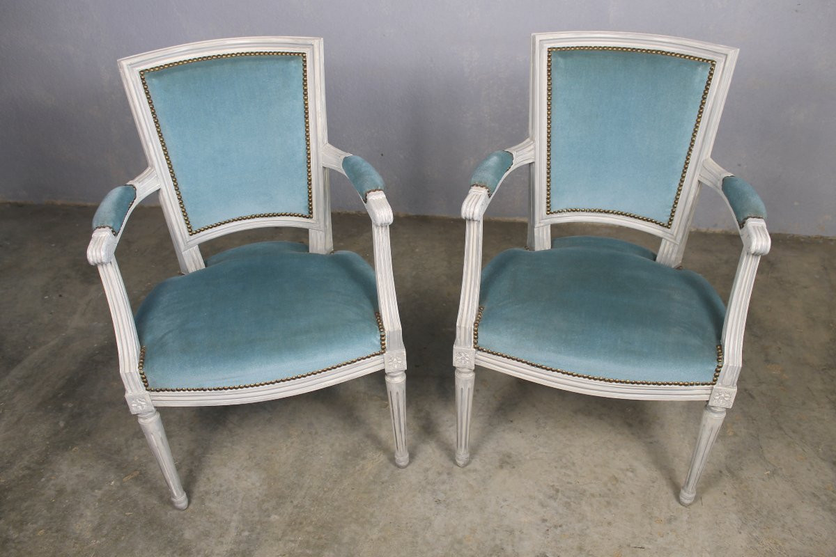 Paire de fauteuils en hêtre rechampi de style Louis XVI époque 20ème-photo-2