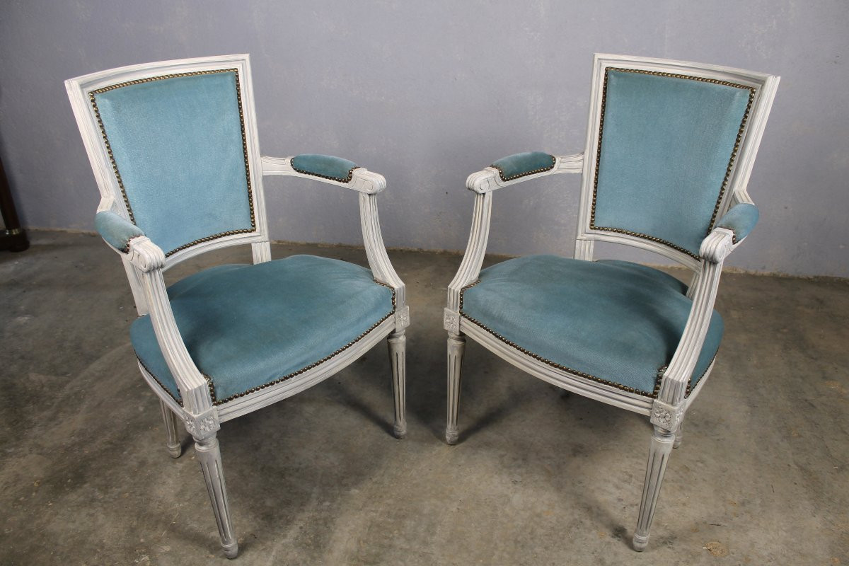Paire de fauteuils en hêtre rechampi de style Louis XVI époque 20ème-photo-5