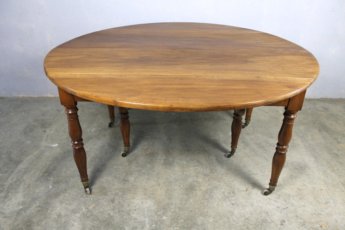 Table de salle à manger à abattants en noyer massif à 6 pieds Jacob époque Restauration 19ème