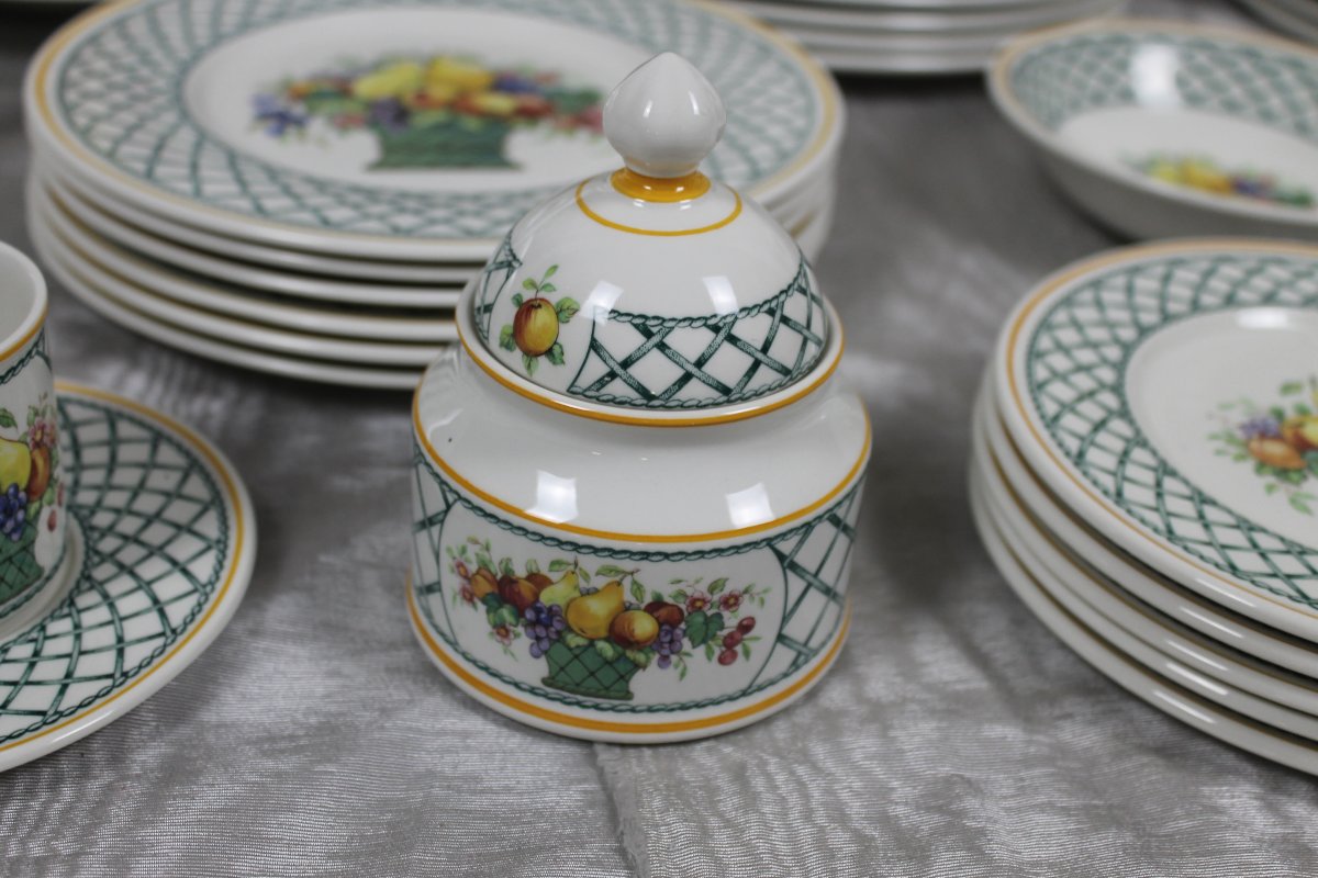 Villeroy Et Boch Earthenware Dinner Service With Basket Décor And Fruit From The 20th Century-photo-1