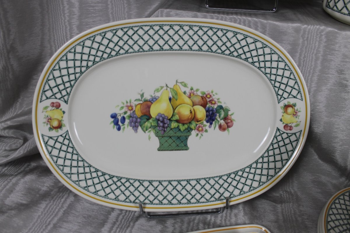 Villeroy Et Boch Earthenware Dinner Service With Basket Décor And Fruit From The 20th Century-photo-3