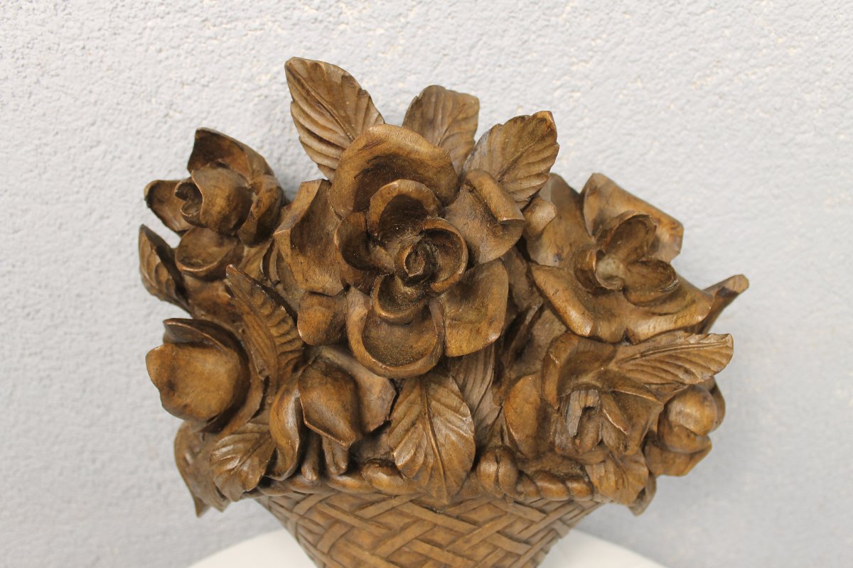 Carved Wood Decorated With A Bouquet Of Roses In A Basket, Mid-19th Century-photo-2