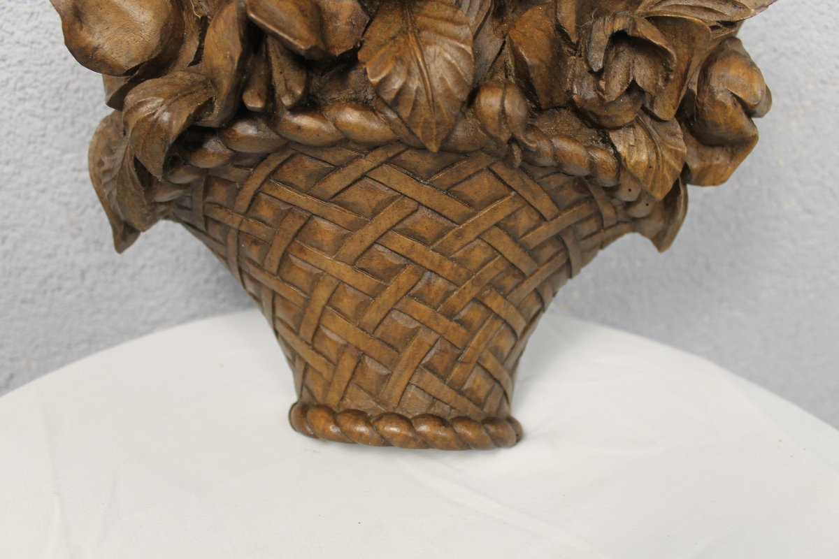 Carved Wood Decorated With A Bouquet Of Roses In A Basket, Mid-19th Century-photo-3