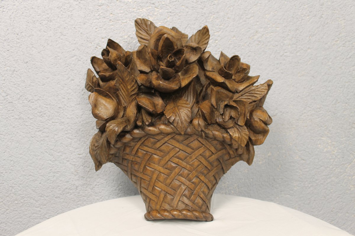 Carved Wood Decorated With A Bouquet Of Roses In A Basket, Mid-19th Century-photo-4