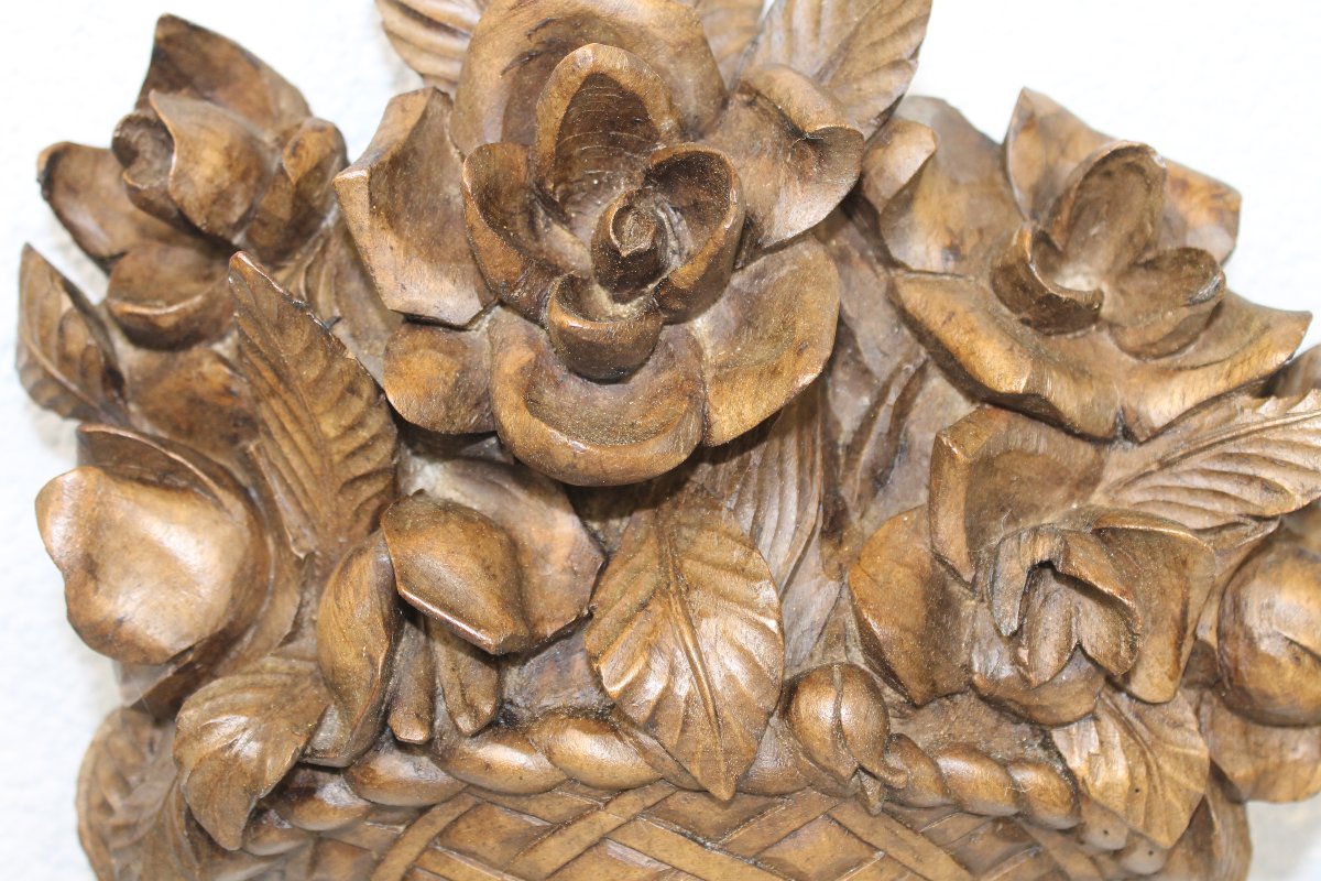 Carved Wood Decorated With A Bouquet Of Roses In A Basket, Mid-19th Century-photo-1